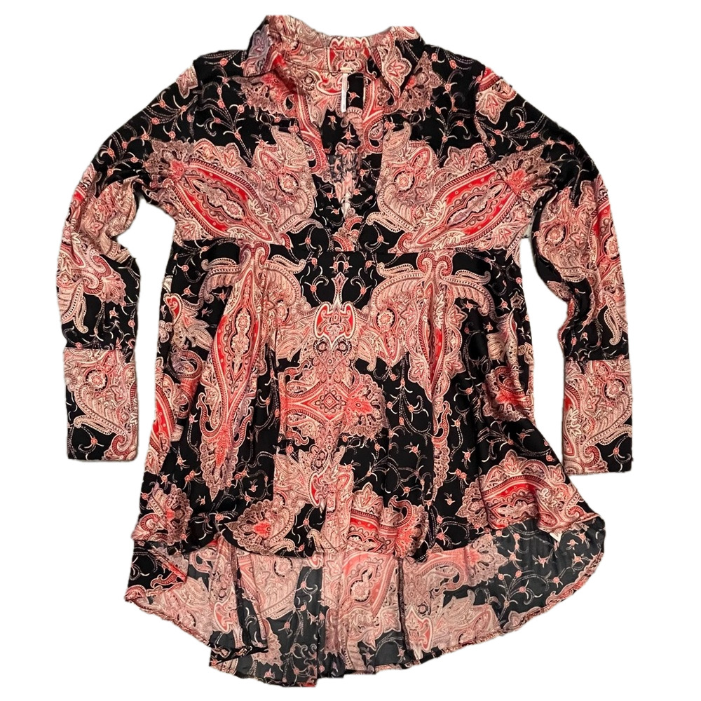 Free People Tunic Dress Field of Butterflies Black V Neck Size Small